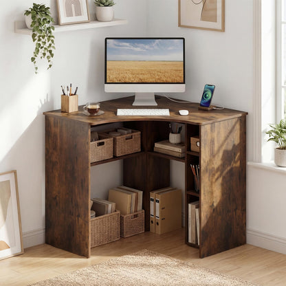 Charging Station and Storage Shelves, Space-Saving Wooden Gaming PC Laptop Table