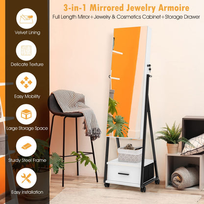 Mobile Standing Lockable Jewelry Cabinet with Full Length Mirror