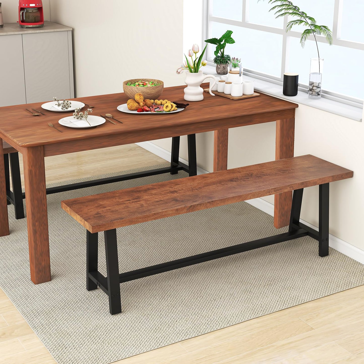 153CM Entryway Dining Bench 3 Person with Metal Frame