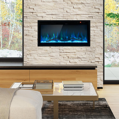 Linear Electric Fireplace with Log and Crystal Decor and Remote Contro