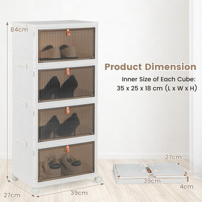 4-Tier Stackable Shoe Storage Box with Lockable Wheels