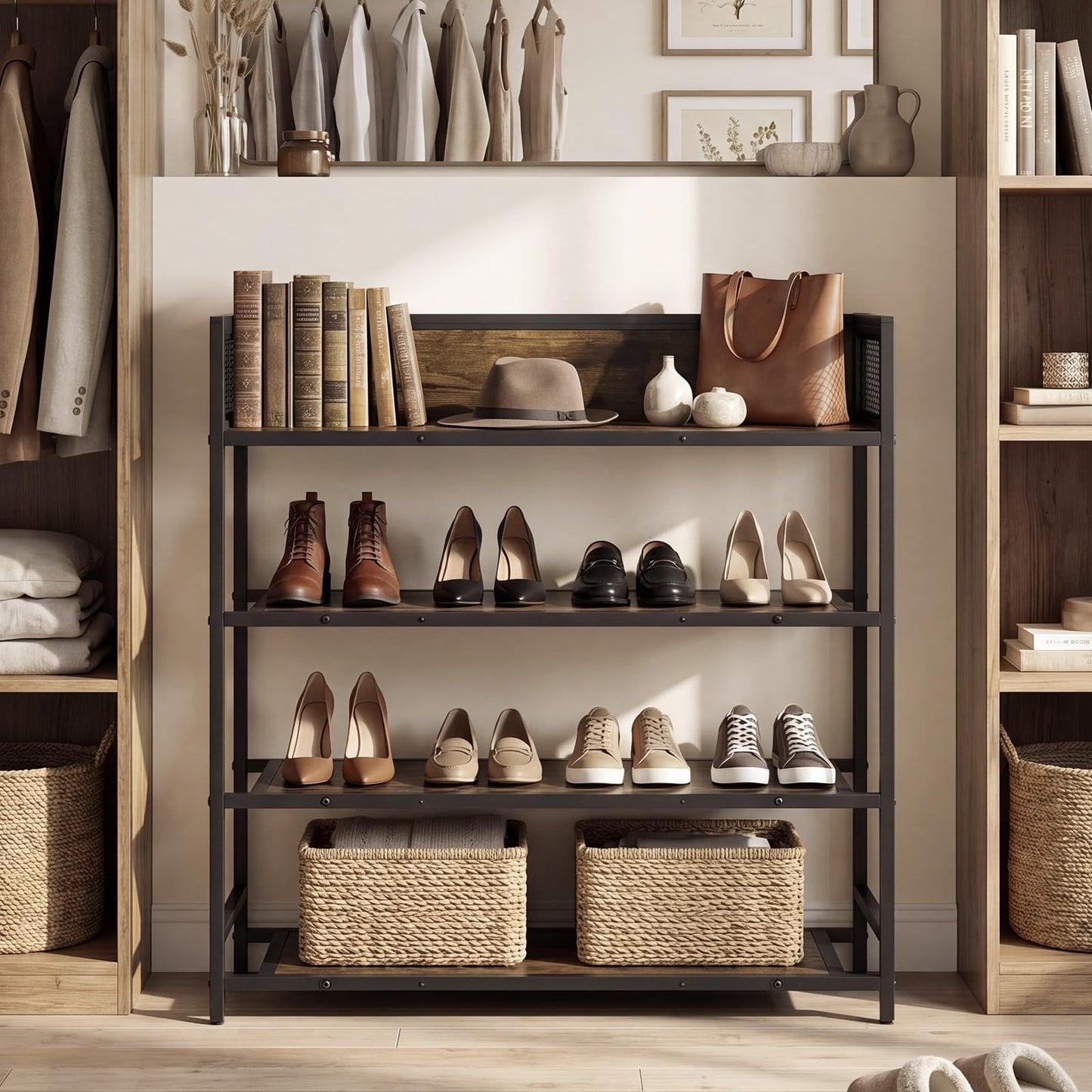 4-Tier Shoe Rack, Freestanding Narrow Shoes Shelf Stand with Anti-Fall Barrier