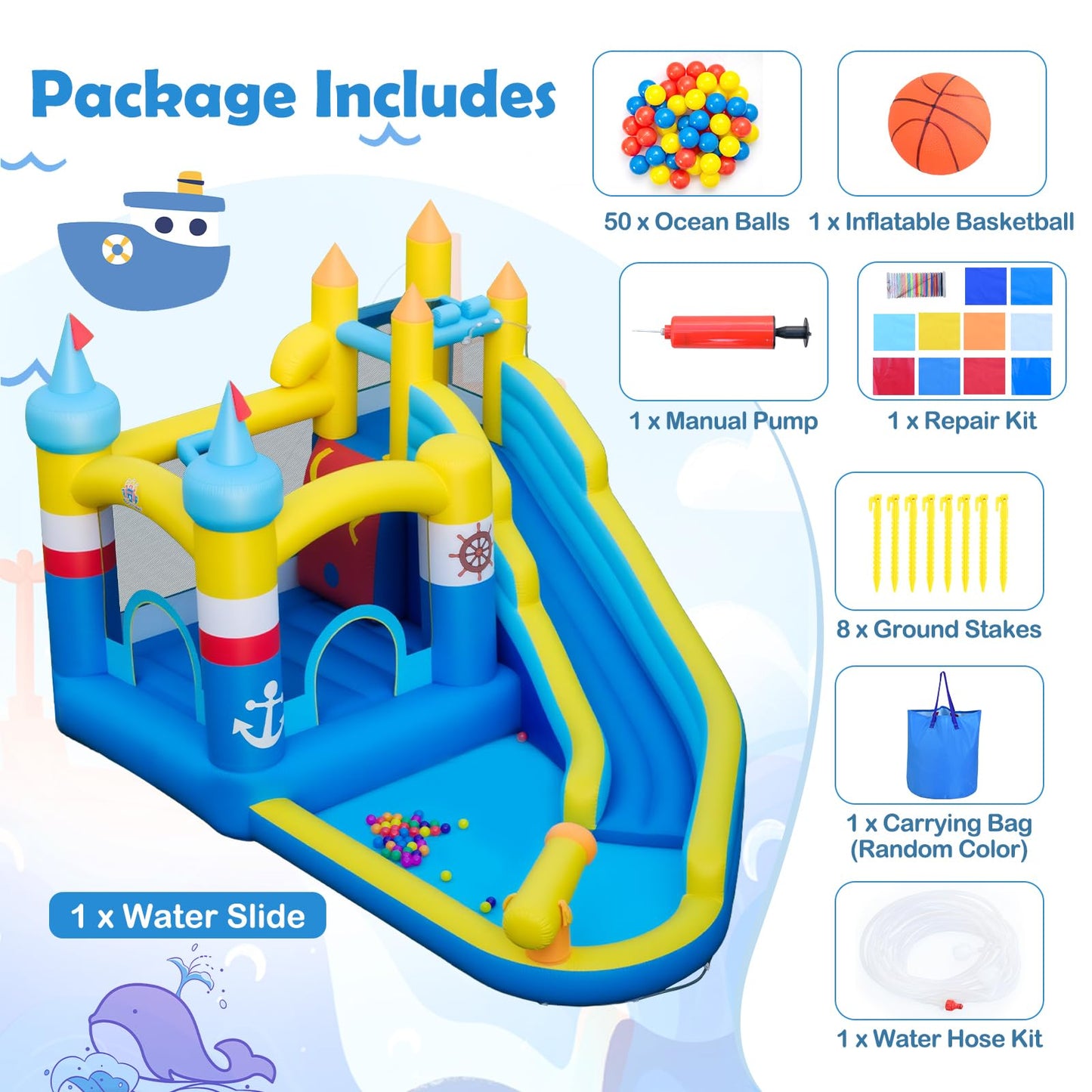 Inflatable Water Park, Kids Bouncy Castle with Slide, Splash Pool, Water Cannon, Climbing Wall