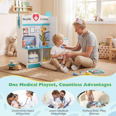 Wooden Toy Medical Center Playset with Faucet and ECG Monitor for Aged 3-6