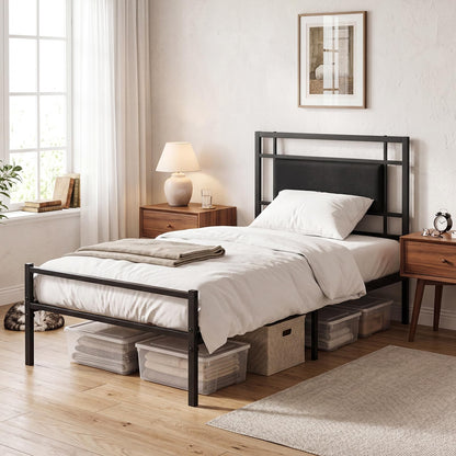 3ft Single Bed Frame, Metal Platform Bed Base with Upholstered Headboard and Underbed Storage