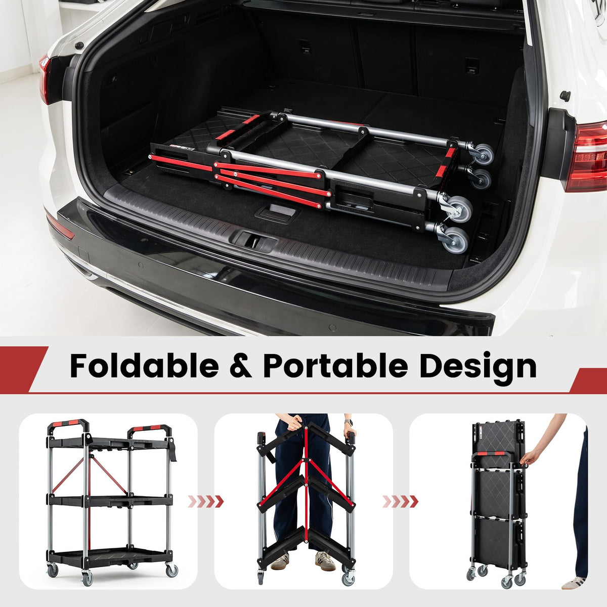 3-Tier Folding Utility Cart with 360° Swivel Wheels for Garage