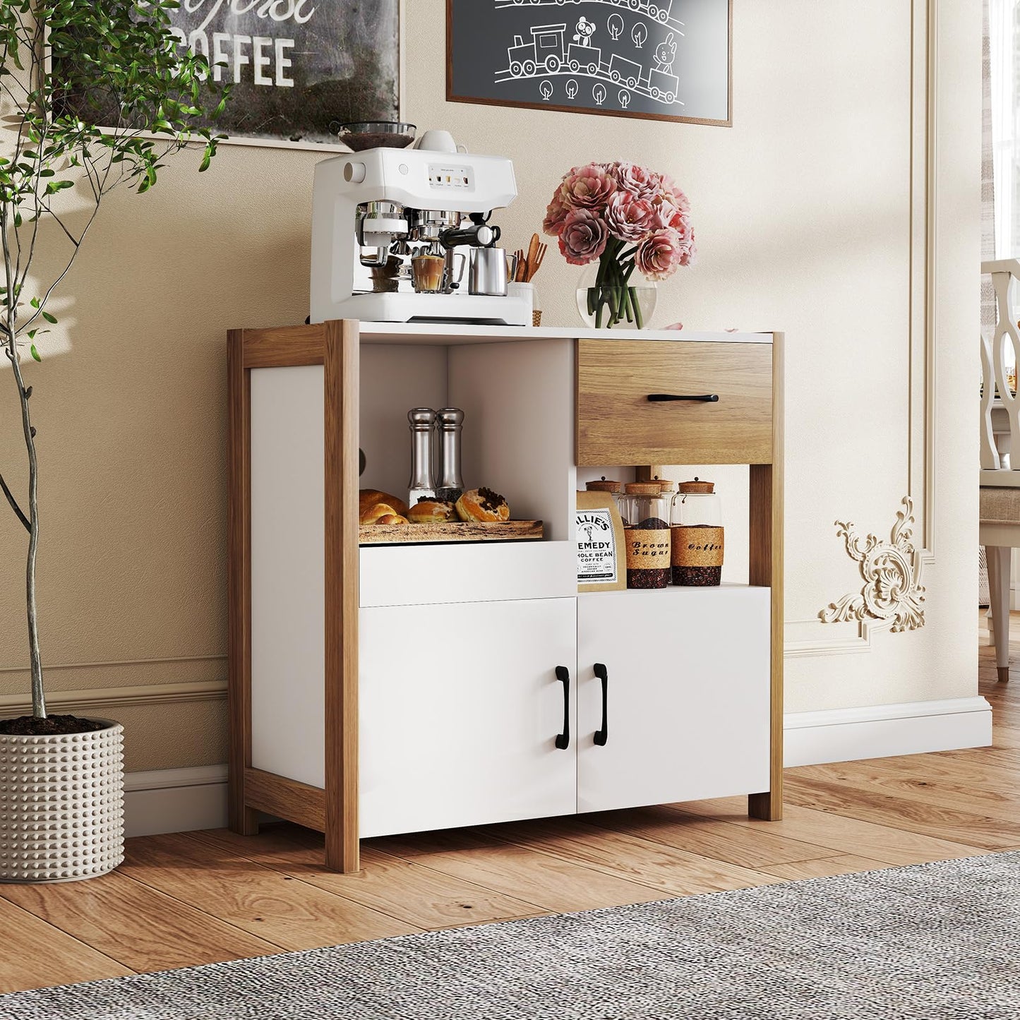 Wooden Buffet Sideboard with 2 Doors Drawer Open Compartments