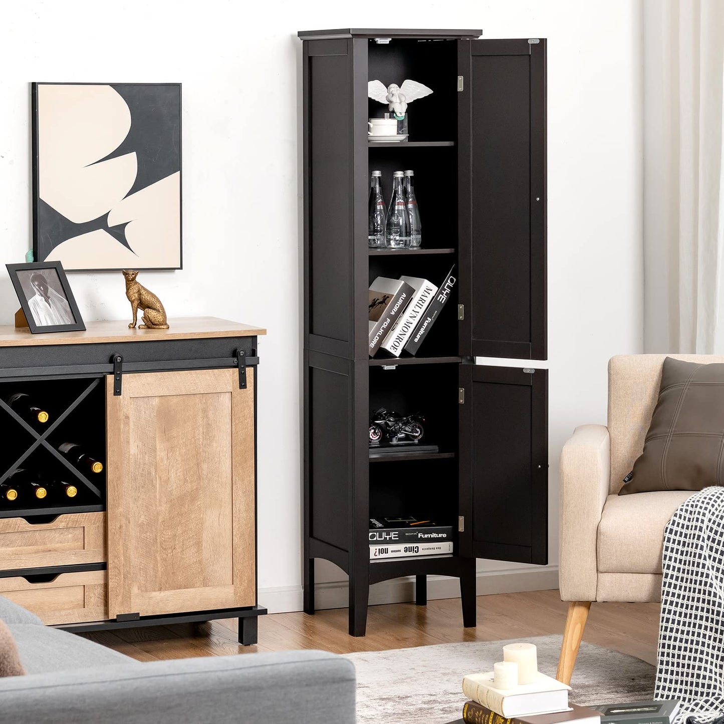 2 Door 160cm High Freestanding Bathroom Cabinet with 5 Tier Shelves