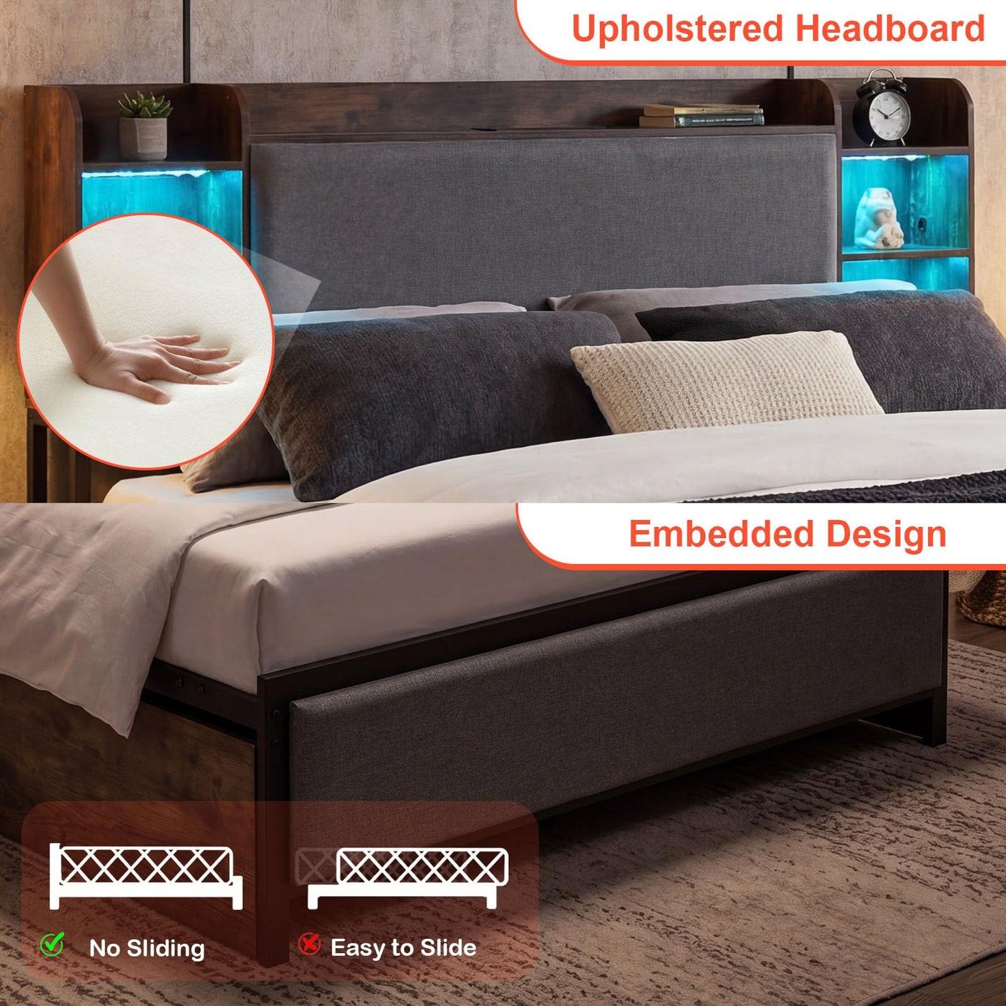 Double/King Size Bed Frame with LED Lights, Charging Station, Storage Headboard