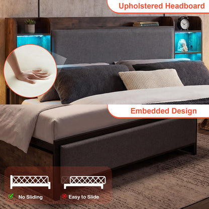 Double/King Size Bed Frame with LED Lights, Charging Station, Storage Headboard
