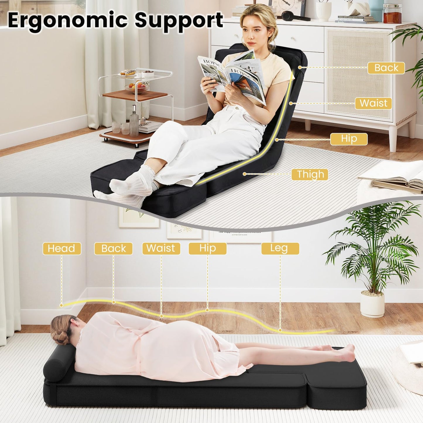 Folding Sofa Chair, Lazy Floor Sofa Bed with 5-Level Adjustable Backrest