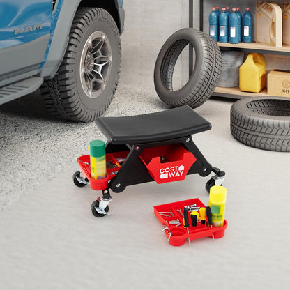 Heavy-Duty Garage Stool on Wheels with Slide Out Drawer and 2 Partition Trays