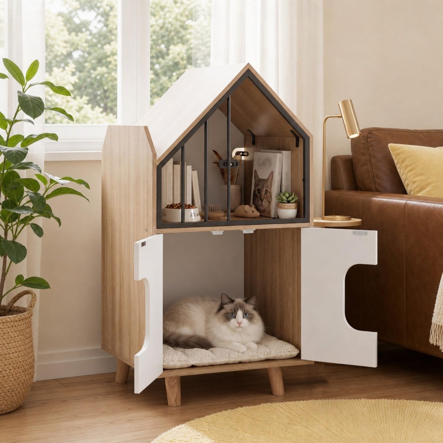 3 in 1 Cat Litter Box Enclosure, Wooden Hidden Washroom Toilet
