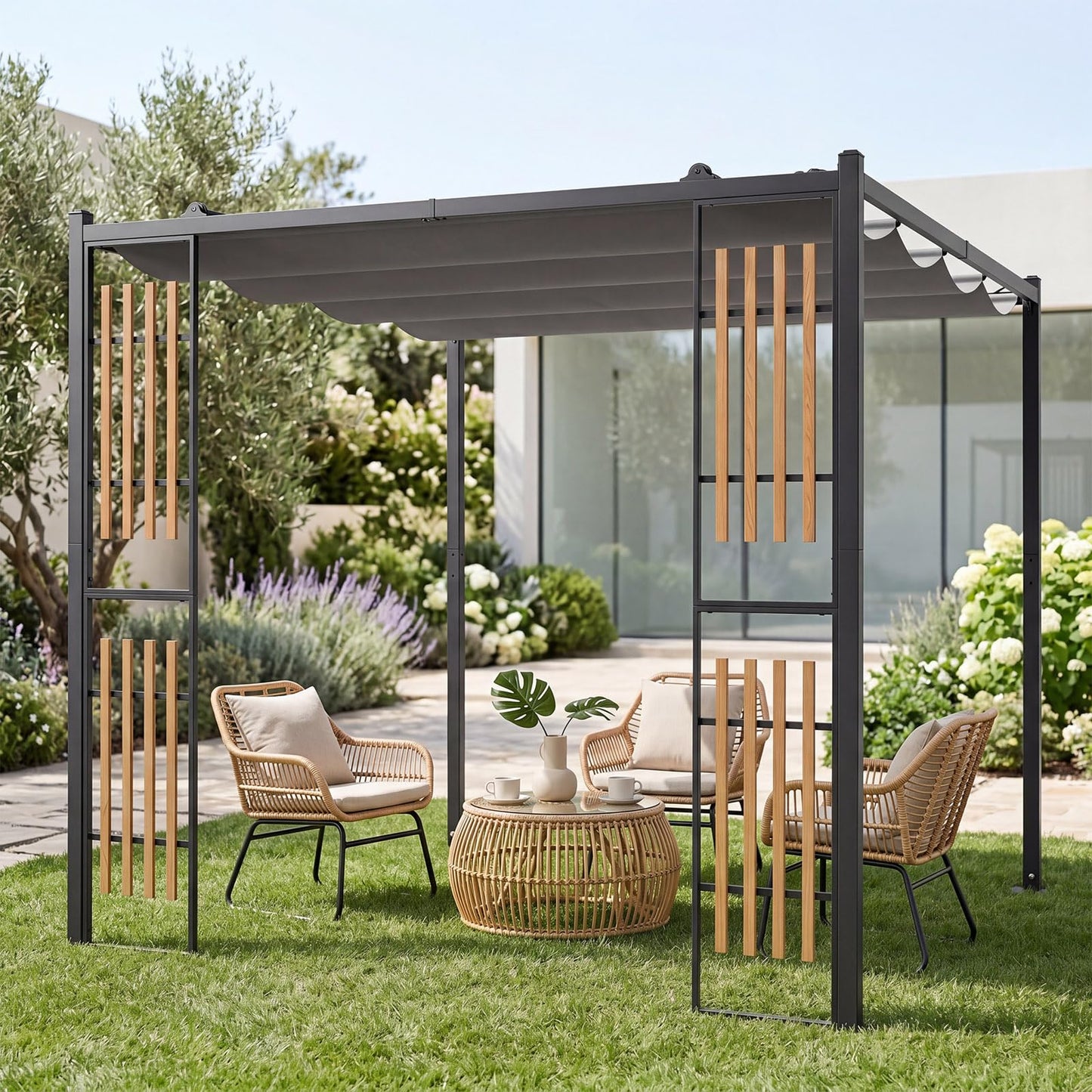 Outdoor Garden Pergola with 2 Slatted Screens for Courtyard