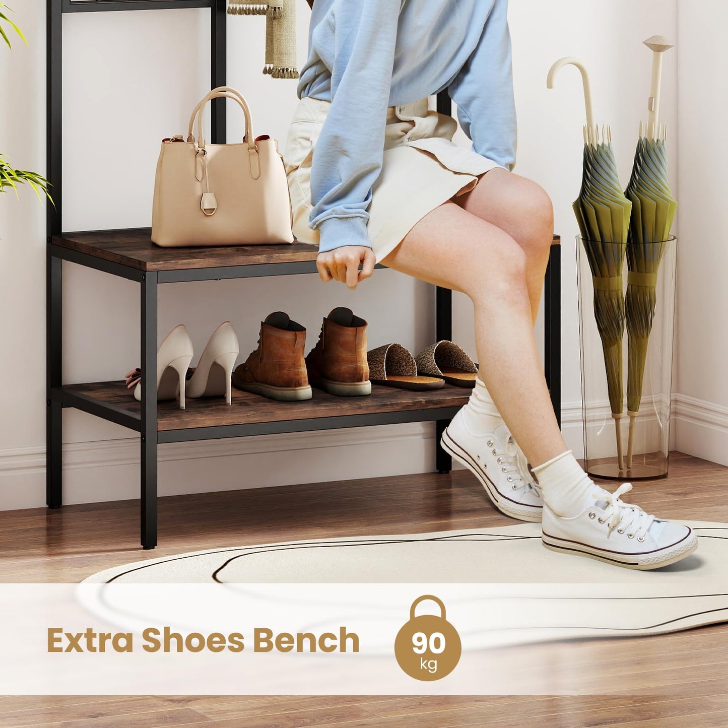 Freestanding Coat Rack with Shoe Storage Bench & Wall Grid Panel
