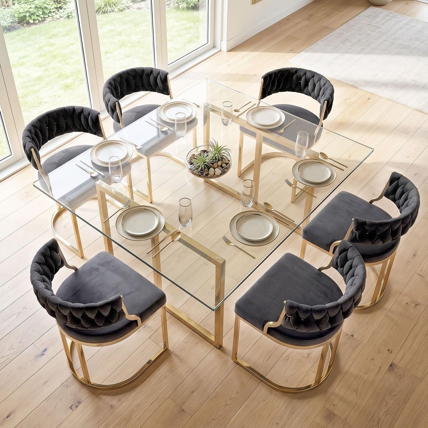 2 Pieces Velvet Dining Chairs with Curved Back and Metal Base