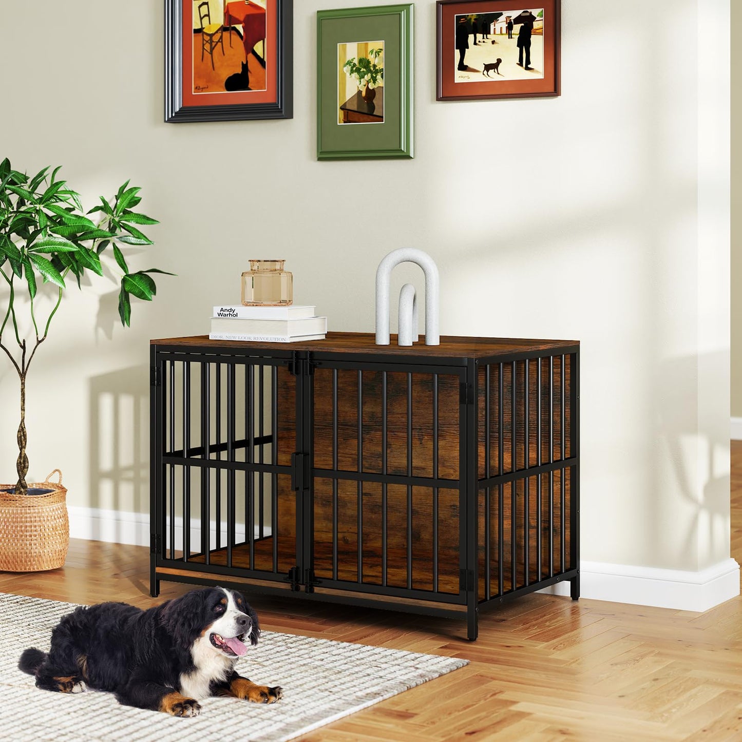 Wooden Indoor Dog Kennel with Lockable Double Doors for Small & Medium Sized Dogs
