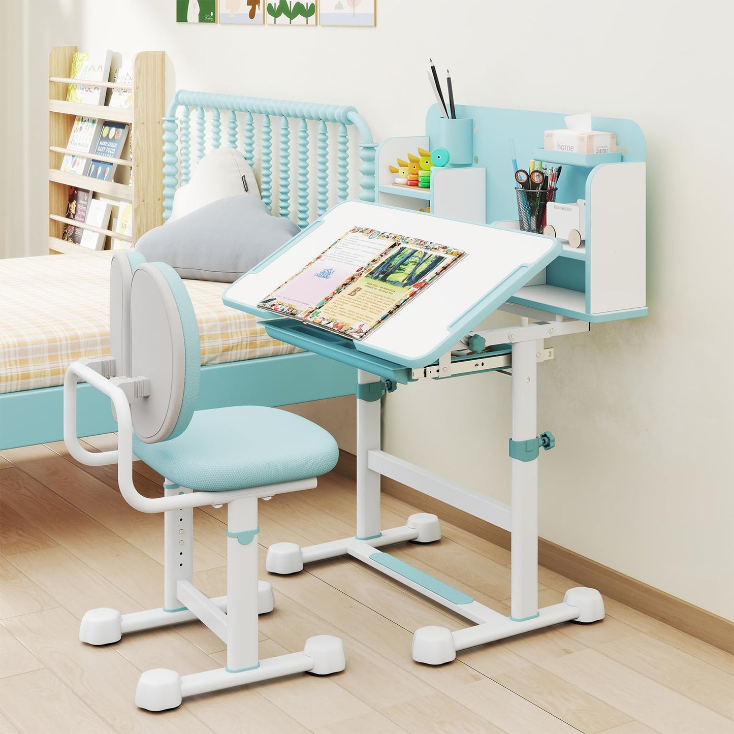 Kid's Study Desk and Chair Set with Tilt Desktop and Footrest Bar