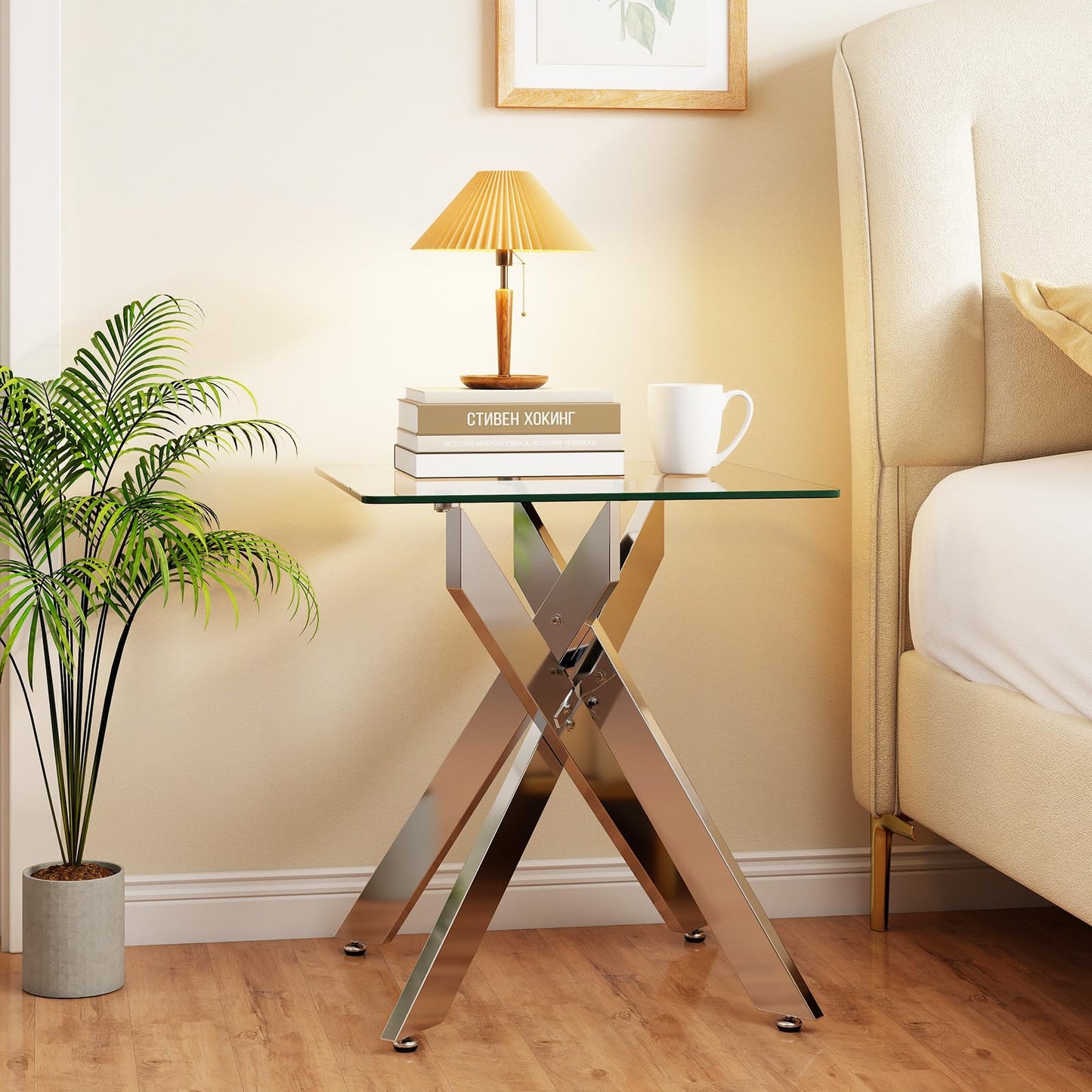 Tempered Glass Side Table, Square Sofa End Table Nightstand