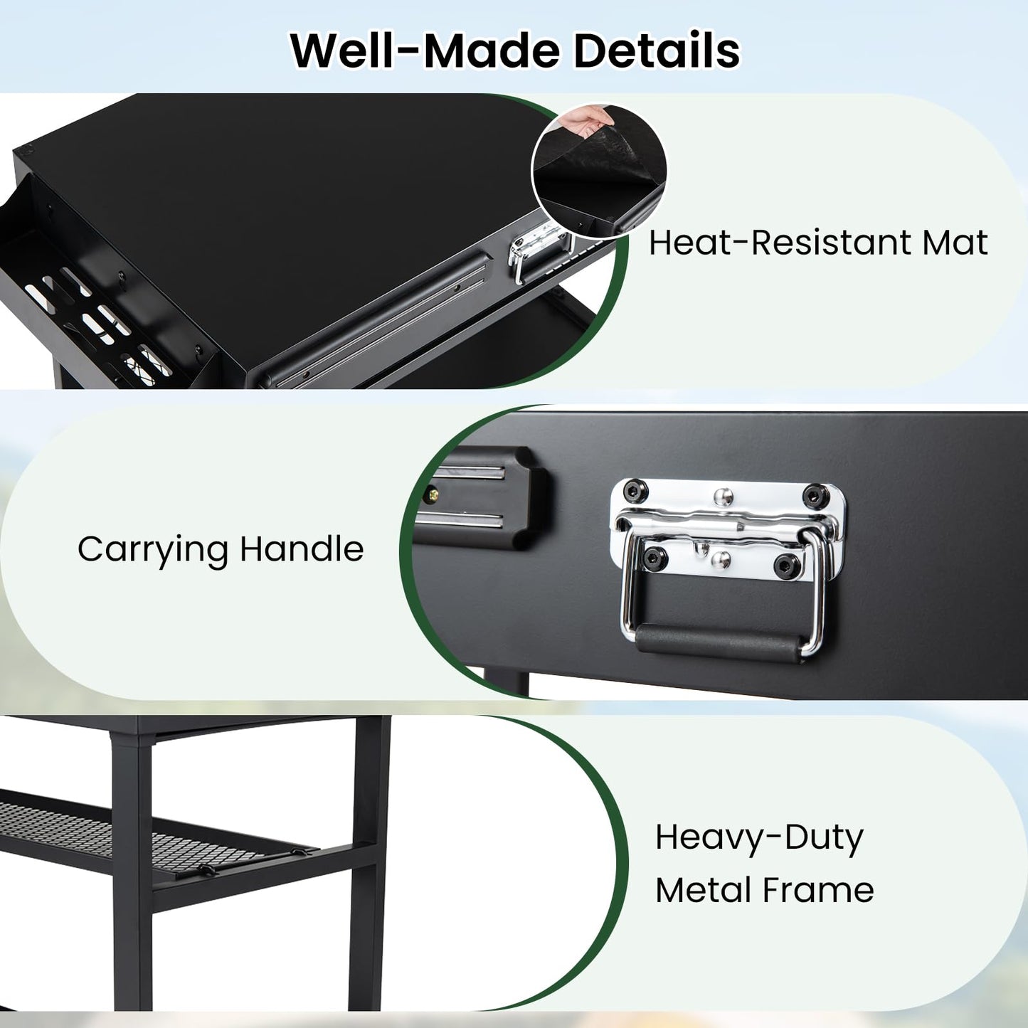 Portable Grill Table, Folding Grill Cart BBQ Prep Table with Heat-Resistant Mat