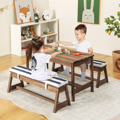 Wood Kids Picnic Table and Bench Set with Cushions