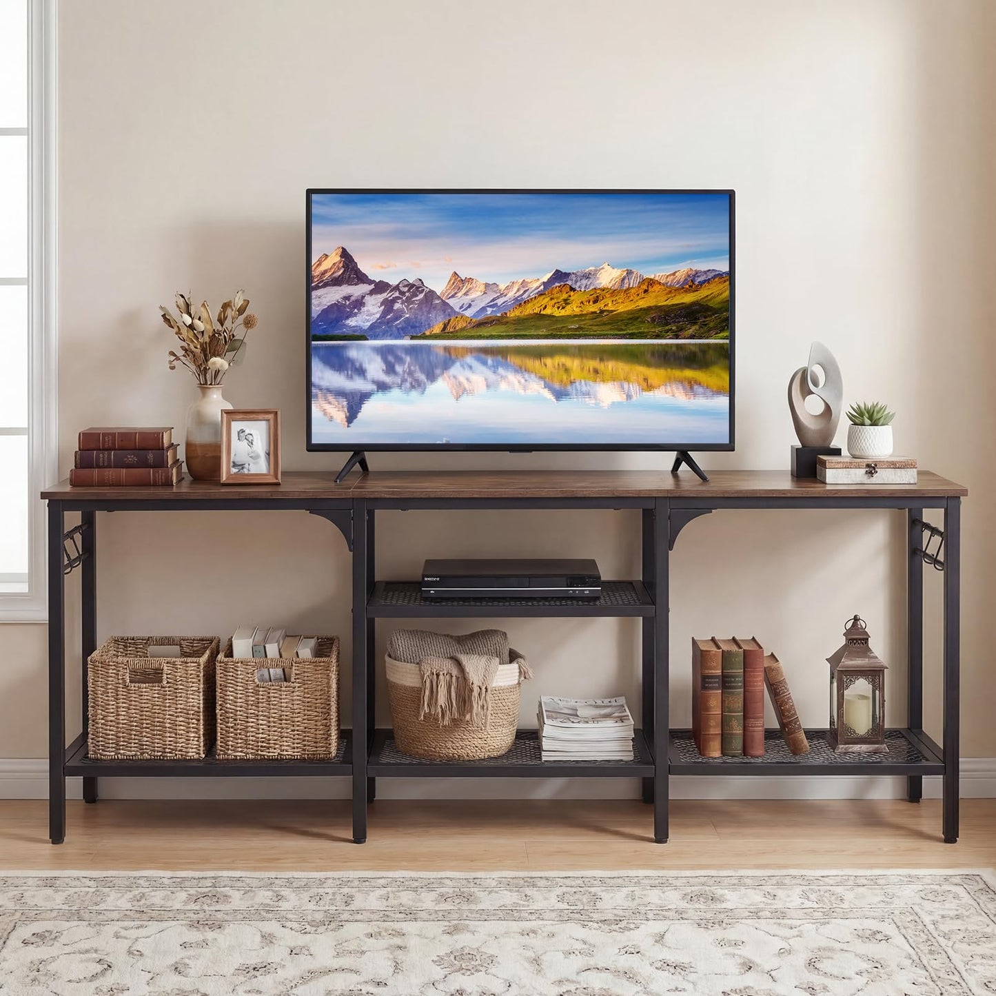 TV Unit for 65 Inch TVs, 140cm Industrial TV Stand Cabinet with Mesh Storage Shelves