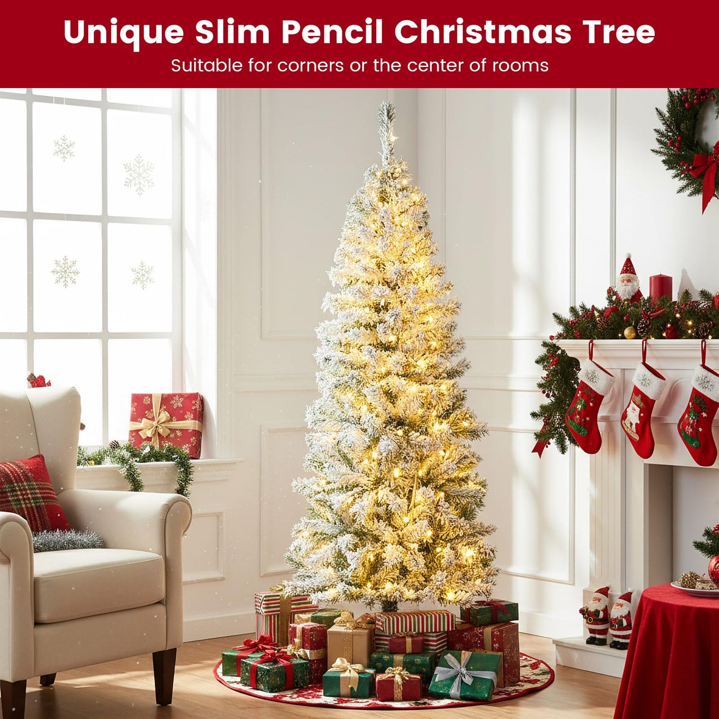 Pre-lit Snow Flocked Christmas Tree, Hinged Artificial Slim Pencil Xmas Tree with Lights