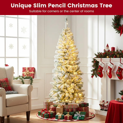 Pre-lit Snow Flocked Christmas Tree, Hinged Artificial Slim Pencil Xmas Tree with Lights