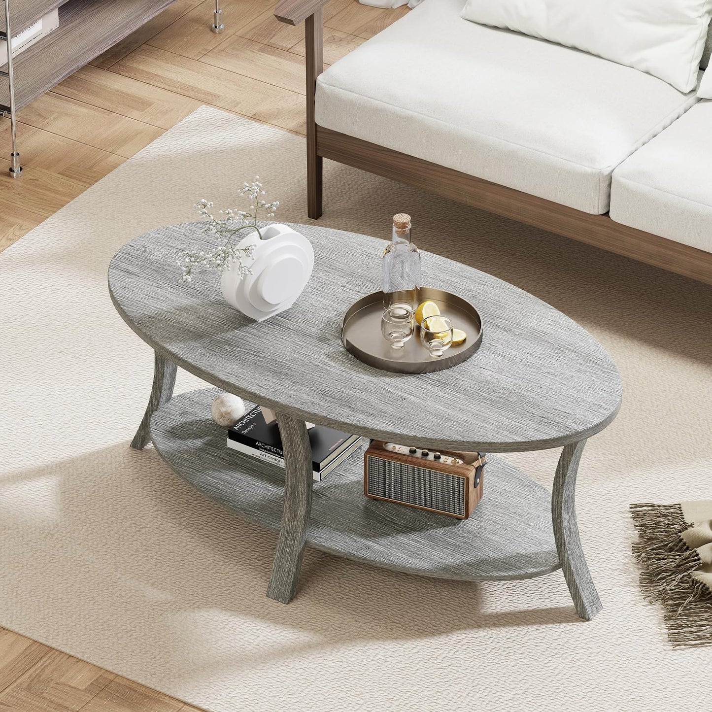 Oval Coffee Table 2-Tier Center Table with Storage Shelf