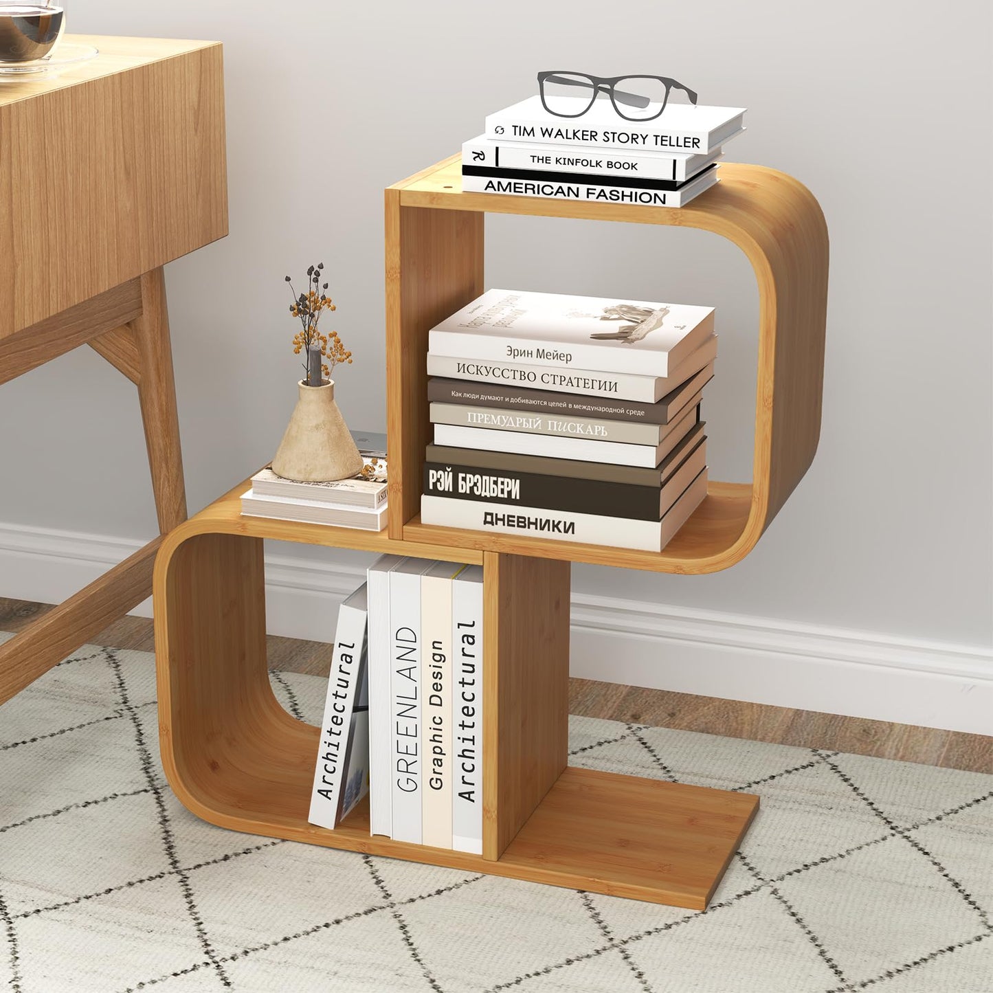 S Shaped Bookcase Bamboo Bookshelf Decorative Storage Organizer