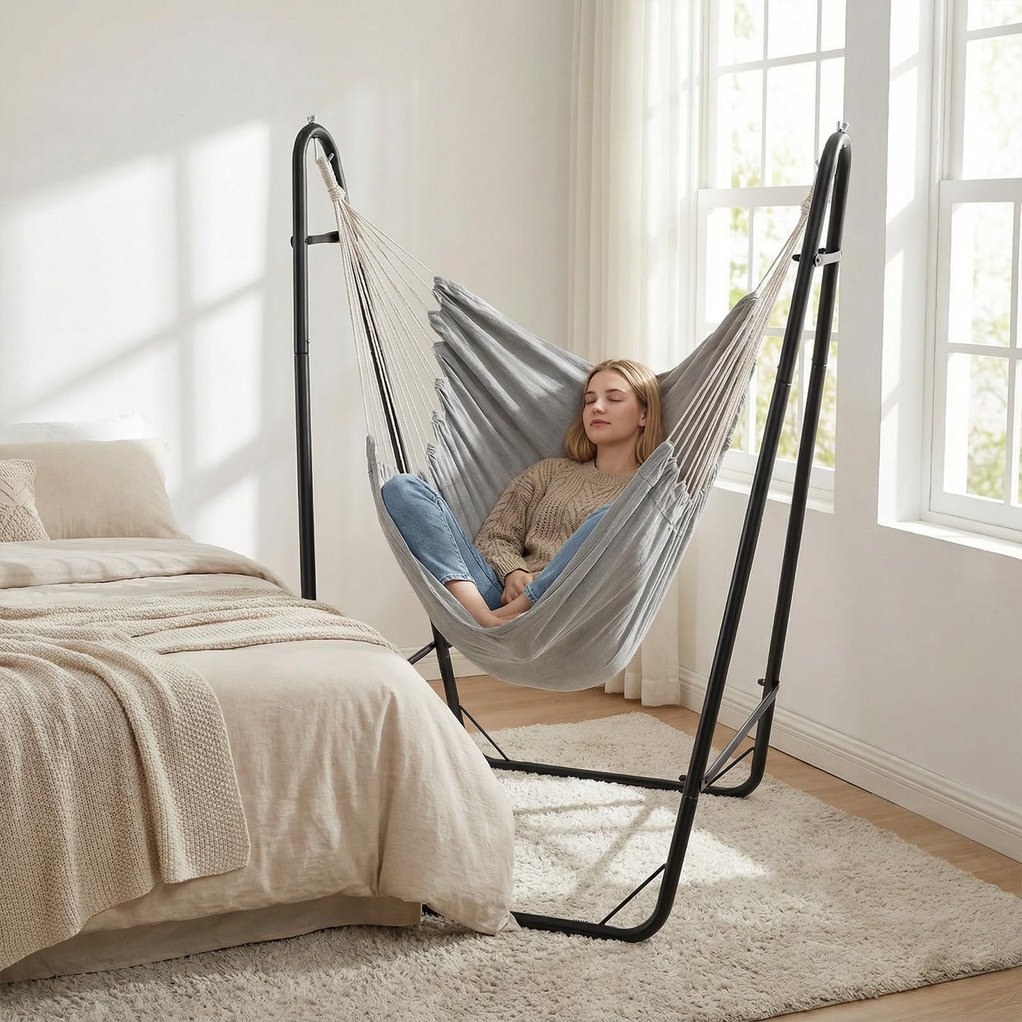 Hammock Chair with Stand, Heavy Duty Metal Frame Swing Chair with Side Pocket