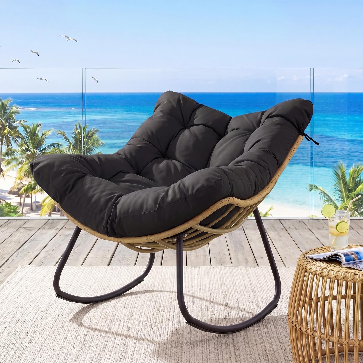 Outdoor Rocking Chair, Oversized Patio Wicker Egg Chair with Thick and Removable Cushion