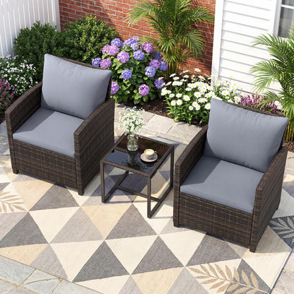 3 Pieces PE Rattan Wicker Outdoor Bistro Conversation Set with Soft Cushions and Tempered Glass Coffee Table