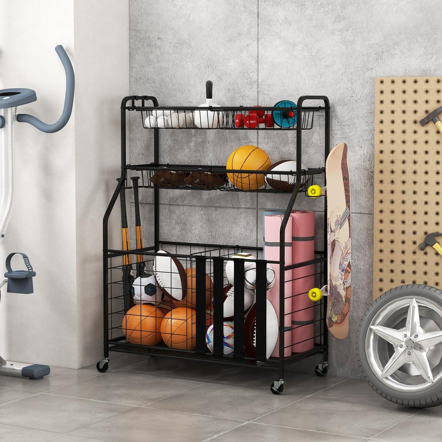 Sports Equipment Storage Rack Rolling Sports Ball Storage Cart