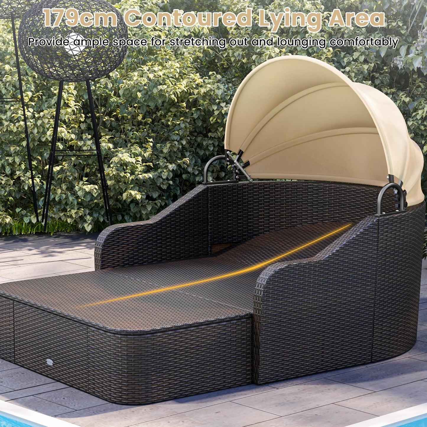 PE Rattan Daybed with Retractable Canopy and Soft Cushions for Backyard
