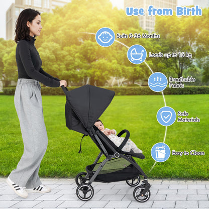 One Hand Foldable Toddler Stroller with Adjustable Backrest & Canopy