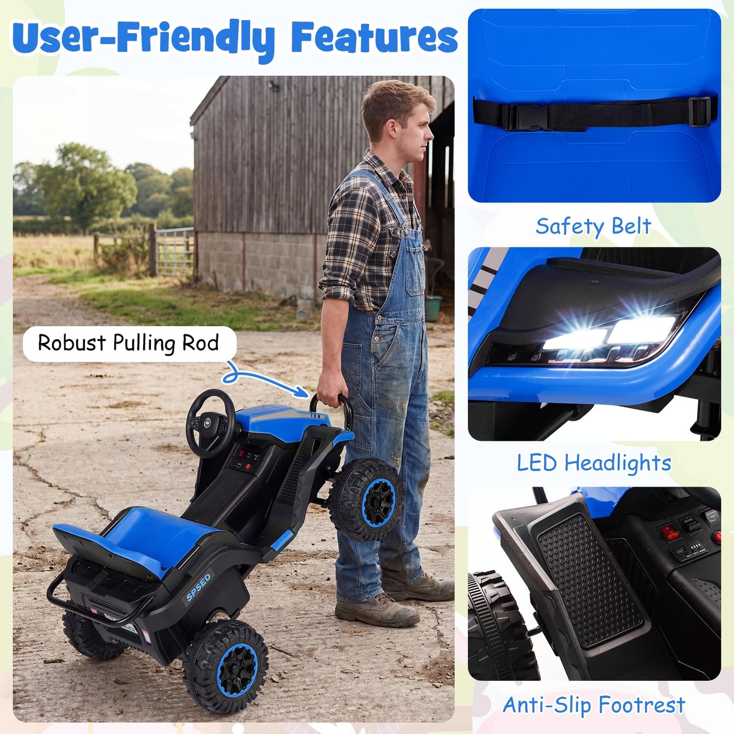 24V Ride on Tractor with Trailer, Kids Electric Car
