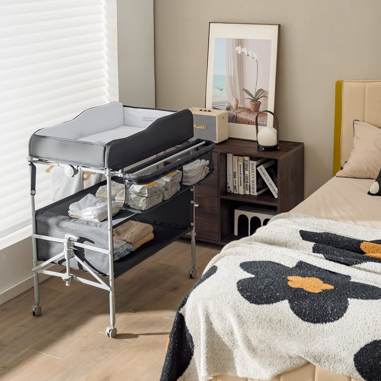 Baby Changing Table Folding Nursery Changing Station with 4 Lockable Wheels