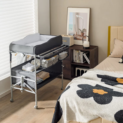 Baby Changing Table Folding Nursery Changing Station with 4 Lockable Wheels