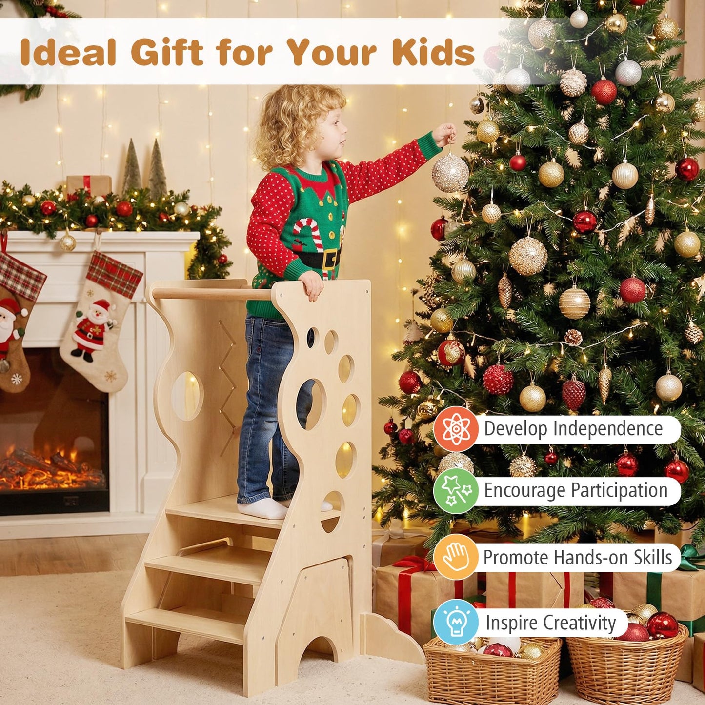 2 in 1 Wooden Standing Tower with Removable Safety Bars