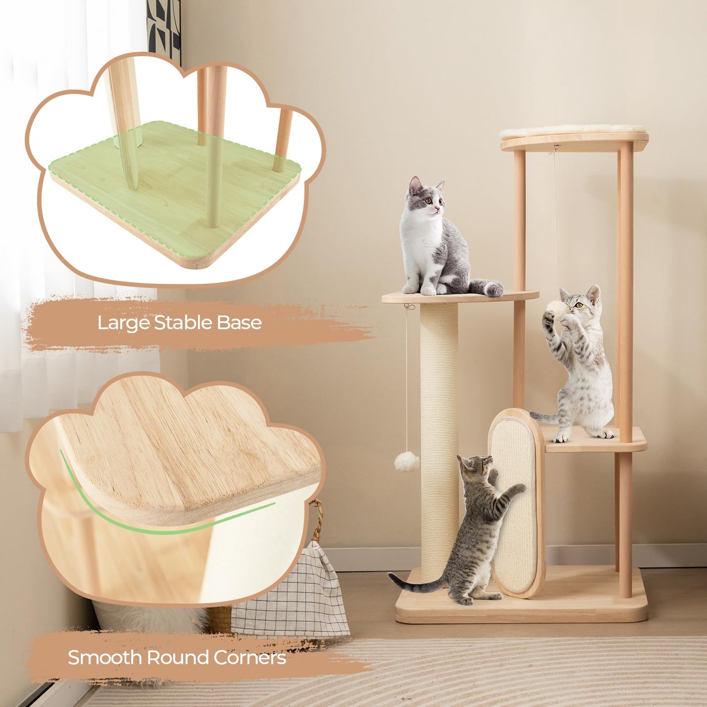Multi-level Modern Wood Cat Tree with Scratching Board and Post