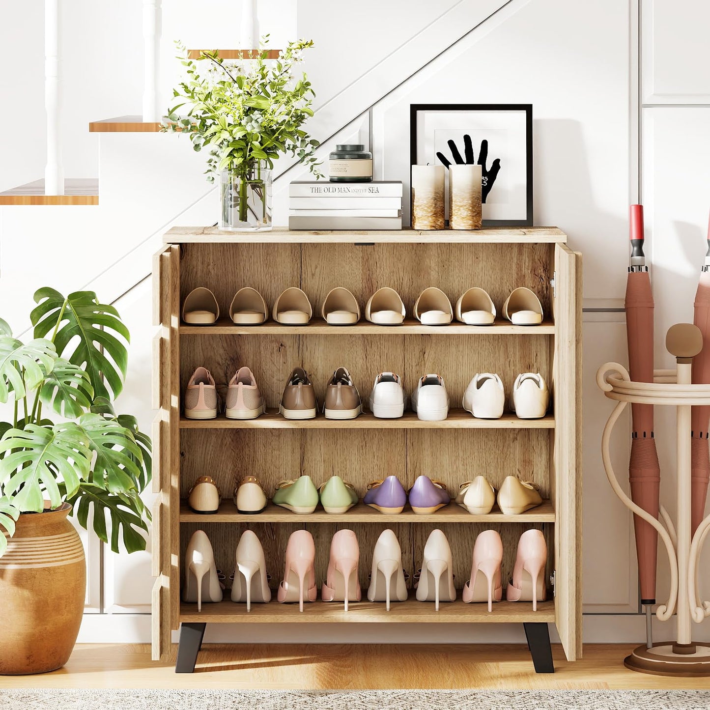 Wooden Shoe Cabinet, 4-Tier Farmhouse Shoe Cupboard with Louvered Door and Removable Shelves
