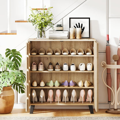 Wooden Shoe Cabinet, 4-Tier Farmhouse Shoe Cupboard with Louvered Door and Removable Shelves