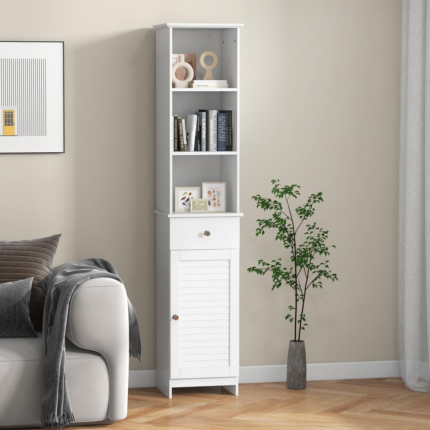 Wooden Freestanding Slim Storage Cupboard with Adjustable Shelves