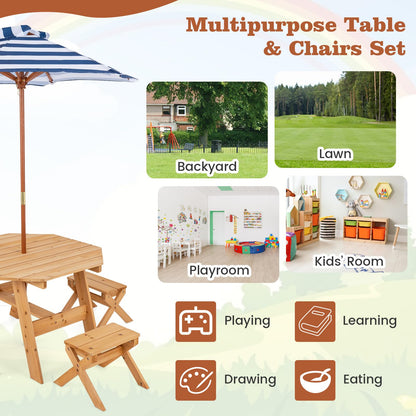 Wooden Kids Picnic Table and Benches Set with Foldable Parasol