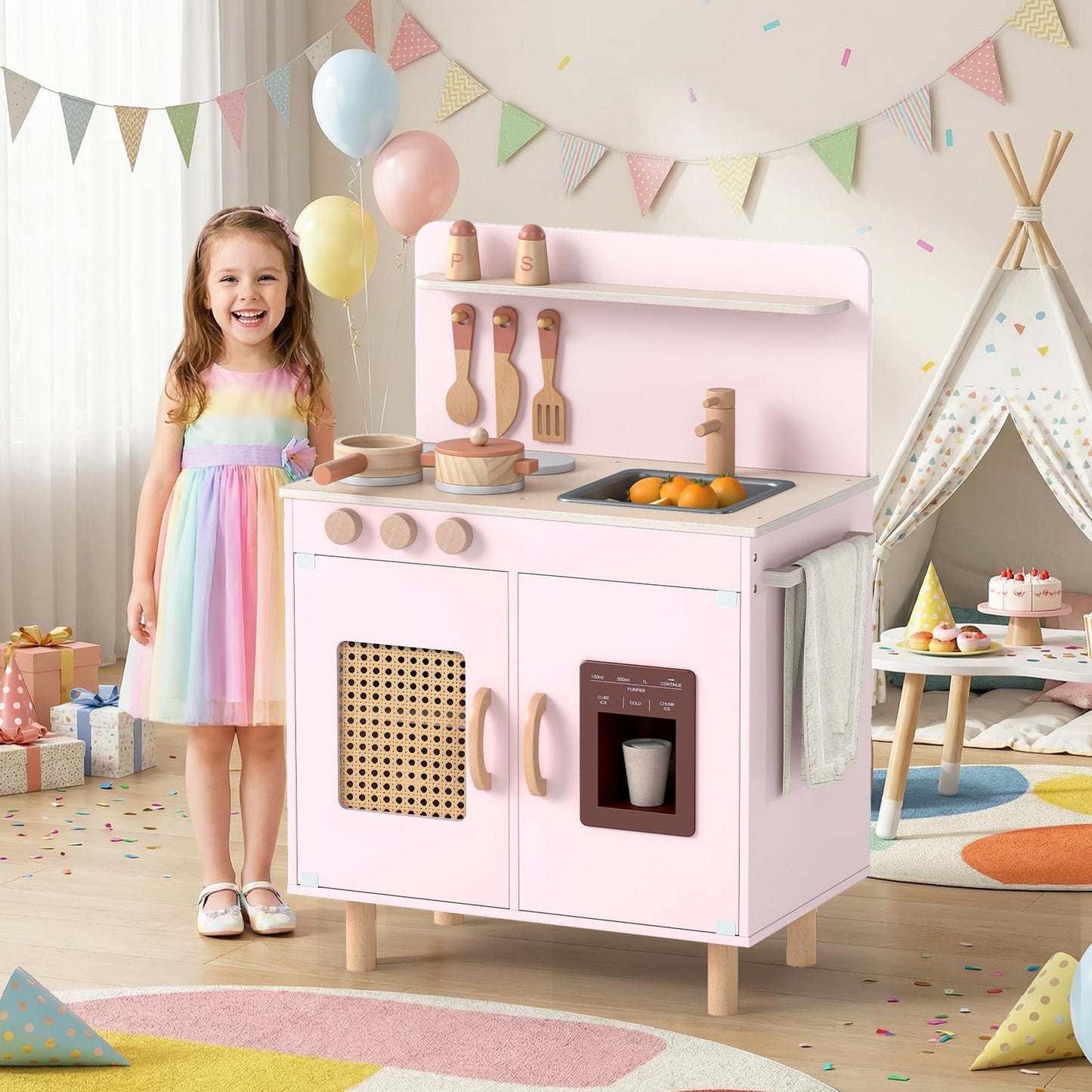 Play Kitchen for Kids with Realistic Ice Maker and Stove Cooking Toy Kitchen