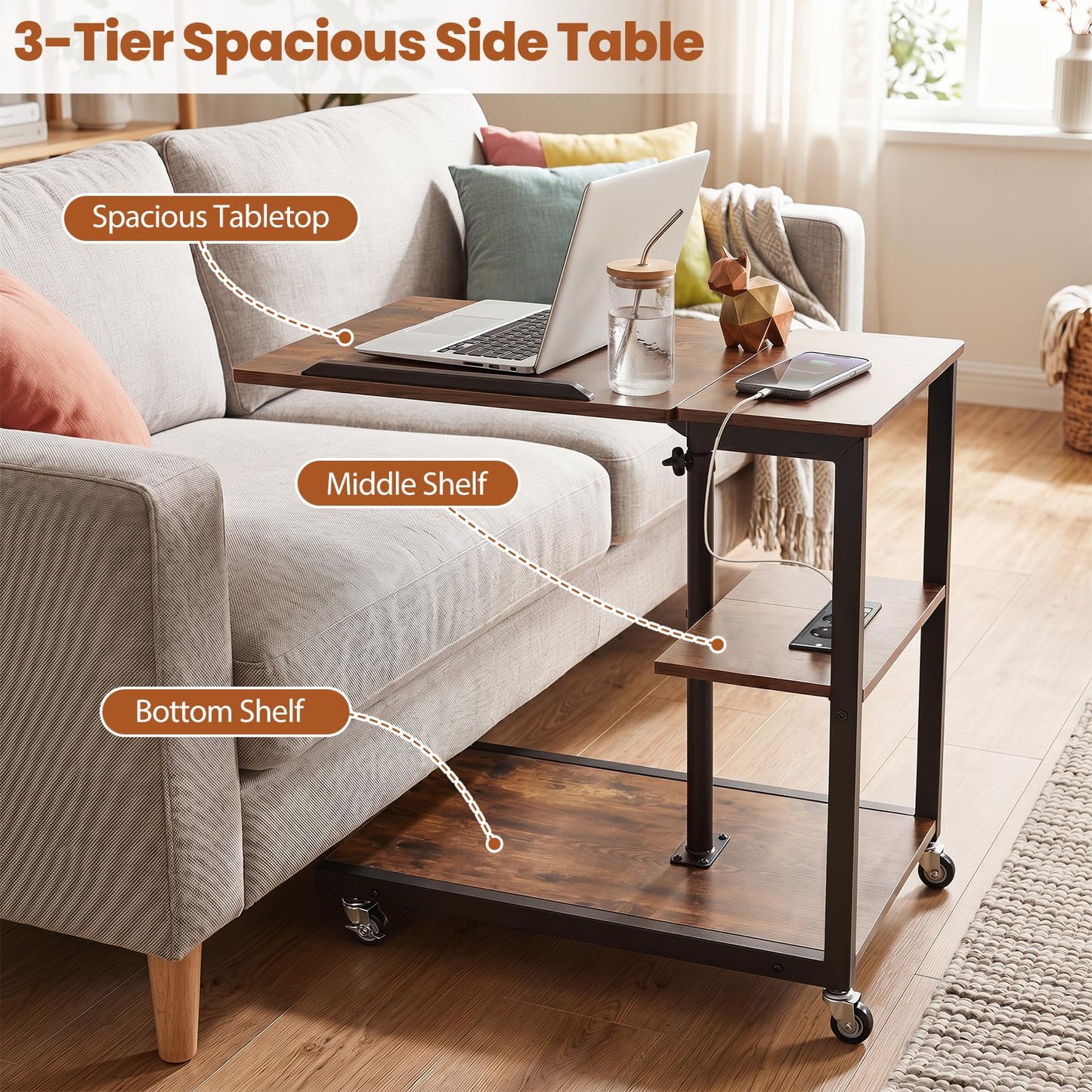 Height Adjustable C-Shaped Side Table with Charging Station, Wheels