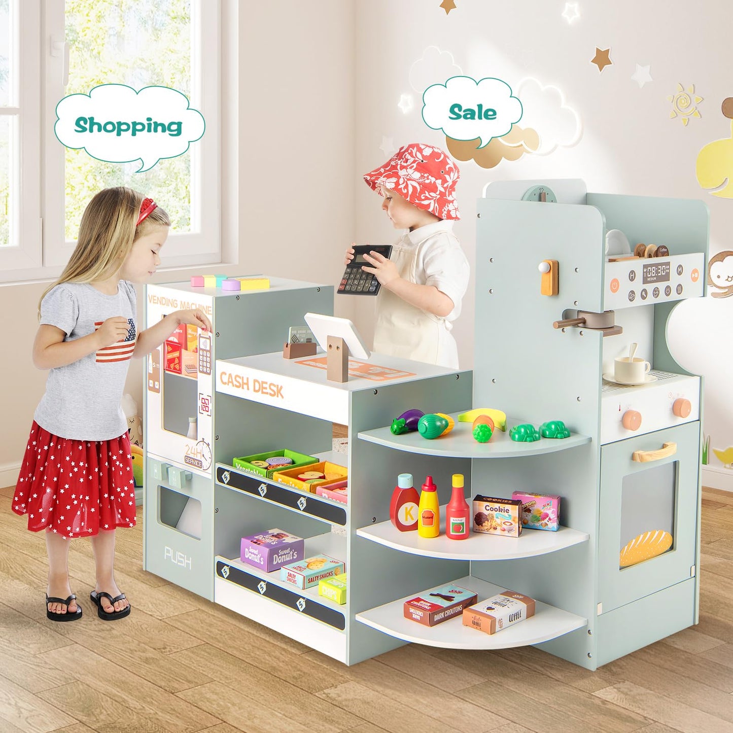 Kids Grocery Store Playset Wooden Pretend Play Supermarket