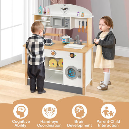 Wooden Kids Play Kitchen, Chef Pretend Toy Kitchen with Clock