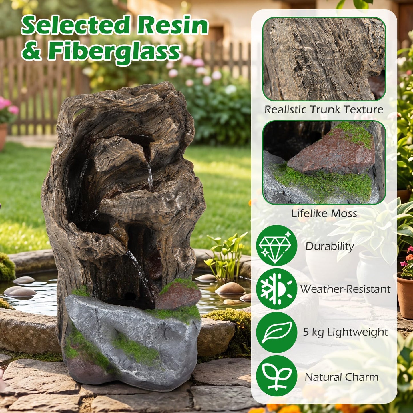 4-Tier Outdoor Water Fountain, Cascading Waterfall Fountain with 3 LED Lights